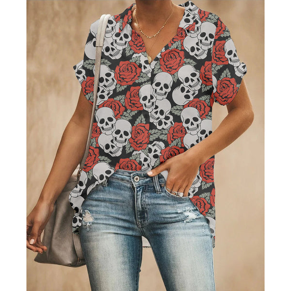 Rose Skull Women Button Up Shirt