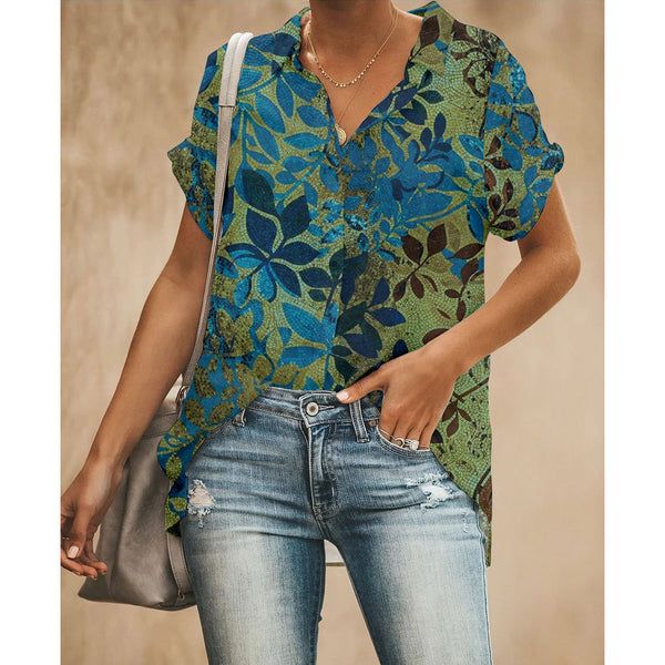 Blue Leaf Women Button Up Shirt