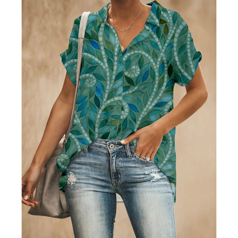 Green Leaf Women Button Up Shirt