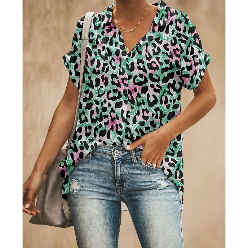 Green Leopard Women Button Up Shirt