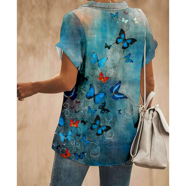 Butterfly Blue Women Button Up Shirt