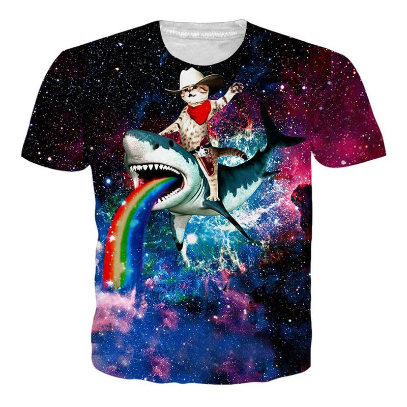 Rainbow Cat Riding Shark T Shirt