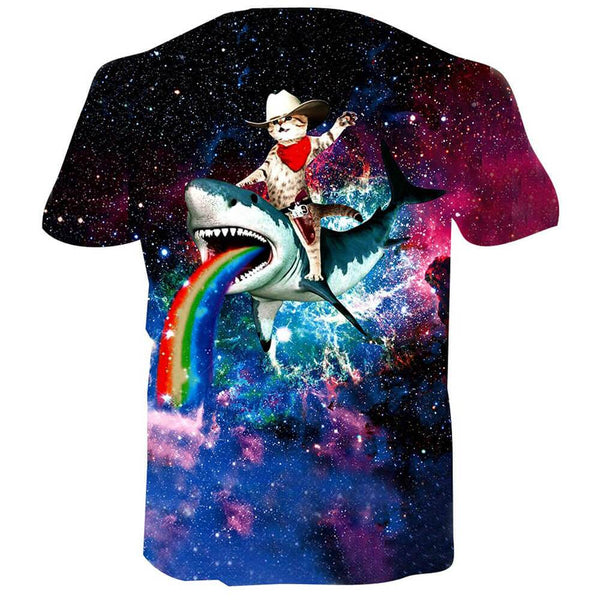 Rainbow Cat Riding Shark T Shirt