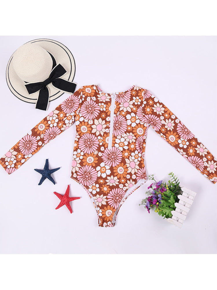 Sun Flowers Long Sleeve One Piece Rash Guard for Women