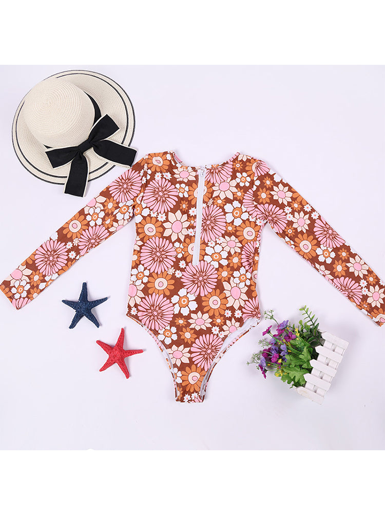 Sun Flowers Long Sleeve One Piece Rash Guard for Women