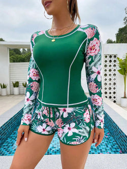 Green Floral Pineapple Long Sleeve Rash Swim Shirt for Women