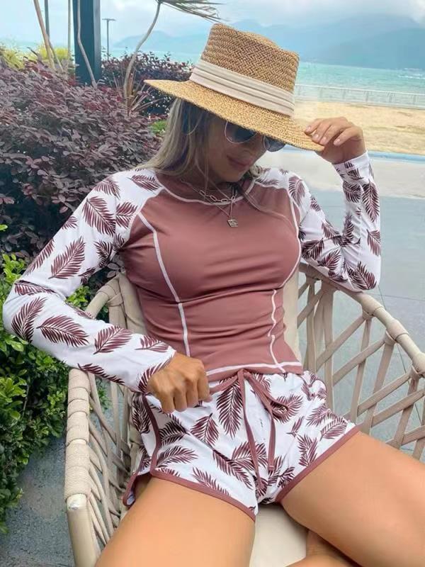 Wine Leaf Long Sleeve Rash Swim Shirt for Women